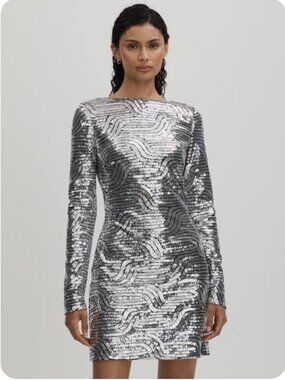 NWT Halston Women's Silver Sequin Tala Dress. Size 12